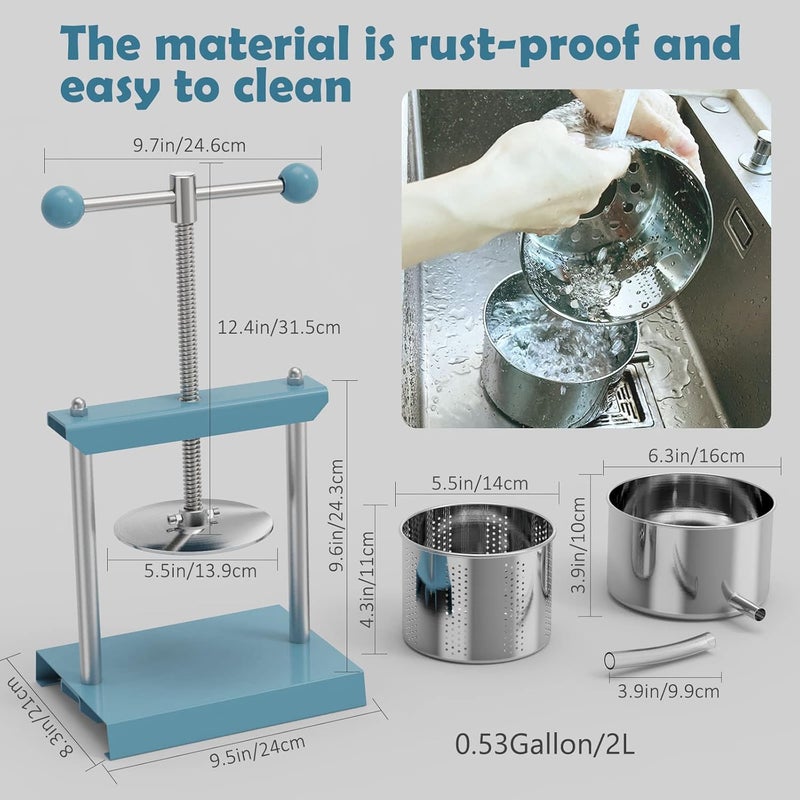 SQUEEZE master Cheese Tincture Herb Fruit Wine Manual Press -0.53Gallon/ 2 Litre-Power Ball Handle-Stainless Steel & Iron for Juice, Cider,Wine,Olive Oil-Blue - Image 2